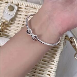 Dainty Silver Bow Open Cuff Bangle Bracelet NWT Minimalist Elegant Jewelry